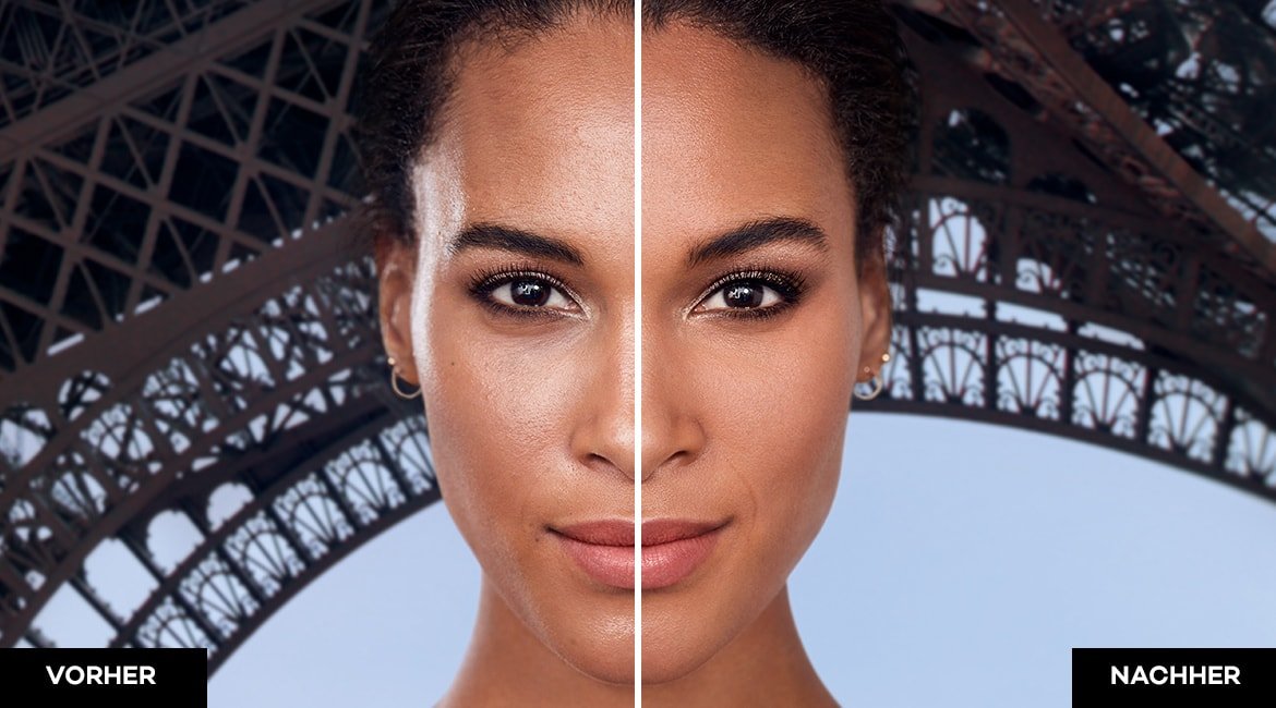 Anwendung 24h Fresh Wear Foundation In A Powder mit Vergleich vorher / nachher